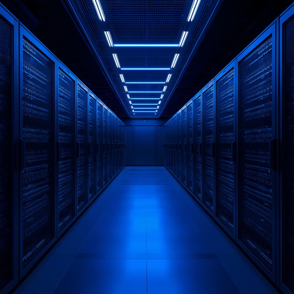 Modern server room with rows of high-performance computer servers and blue LED lighting representing reliable digital infrastructure